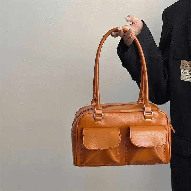 INGVN  Vintage Women Business Shoulder Bags Simple Ladies Commute Tote Bag Pu Leather Female Underarm Bag Burgundy Large Handbags Purse
