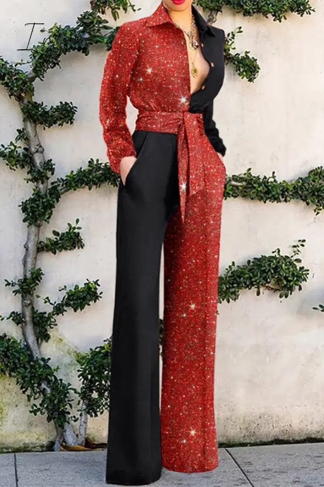 Ingvn - Casual Color Block Frenulum Contrast Turndown Collar Loose Jumpsuits