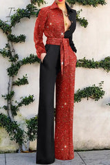 Ingvn - Casual Color Block Frenulum Contrast Turndown Collar Loose Jumpsuits