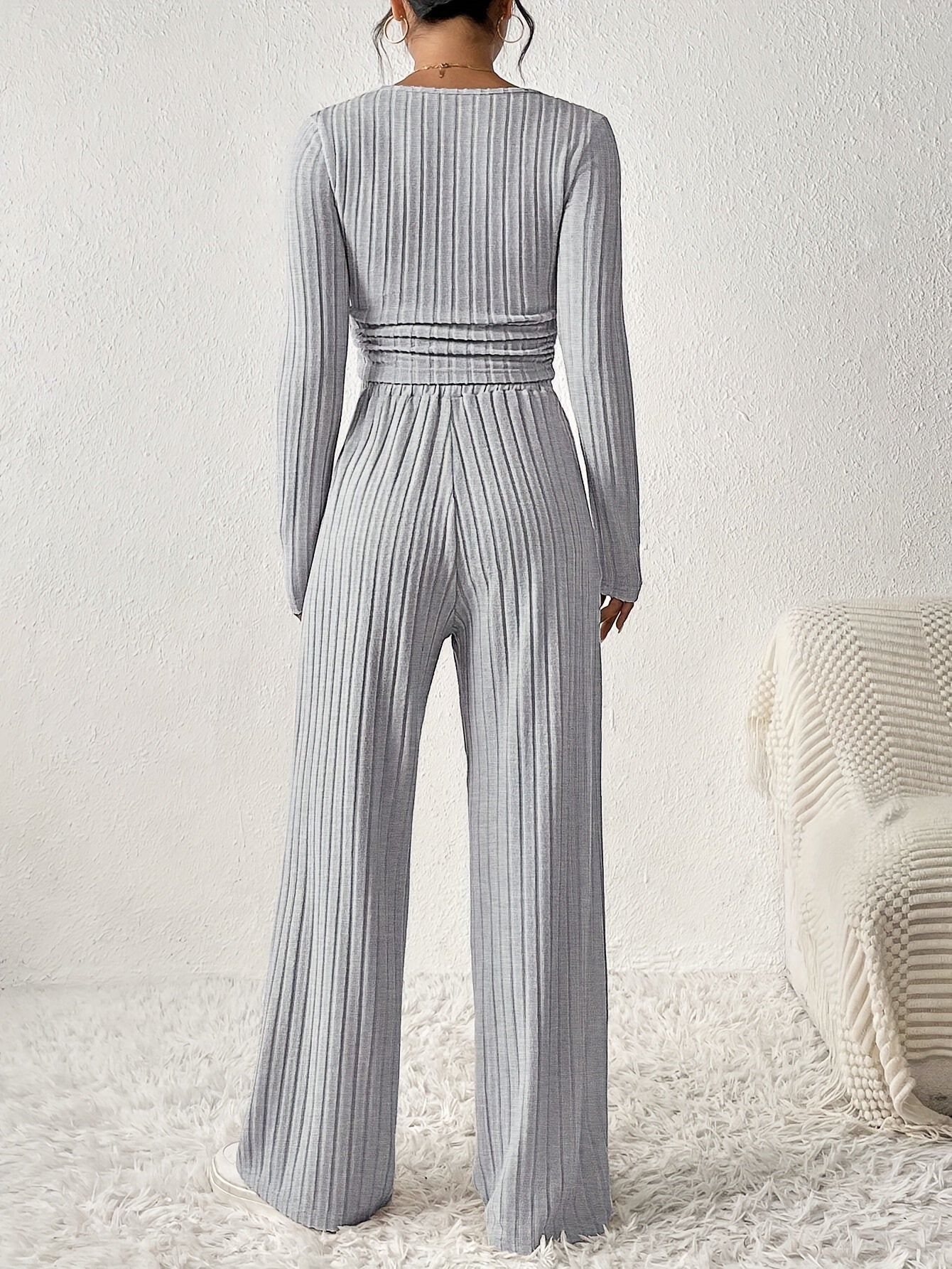 Women'S Fashion Set, Long Sleeve Round Neck Crop Top with Wide Leg Pants, Solid Color, Polyester Knit, Autumn/Winter Collection