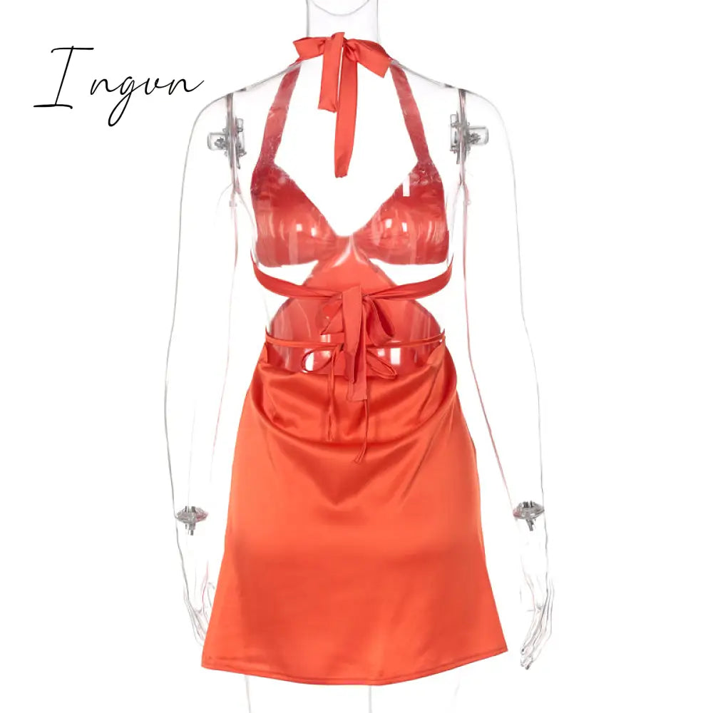 Ingvn - Halter Hollow Out Dress Women Bandage Slim Strapless Bodycon Dress Sexy Mini Backless Summer Party Dresses