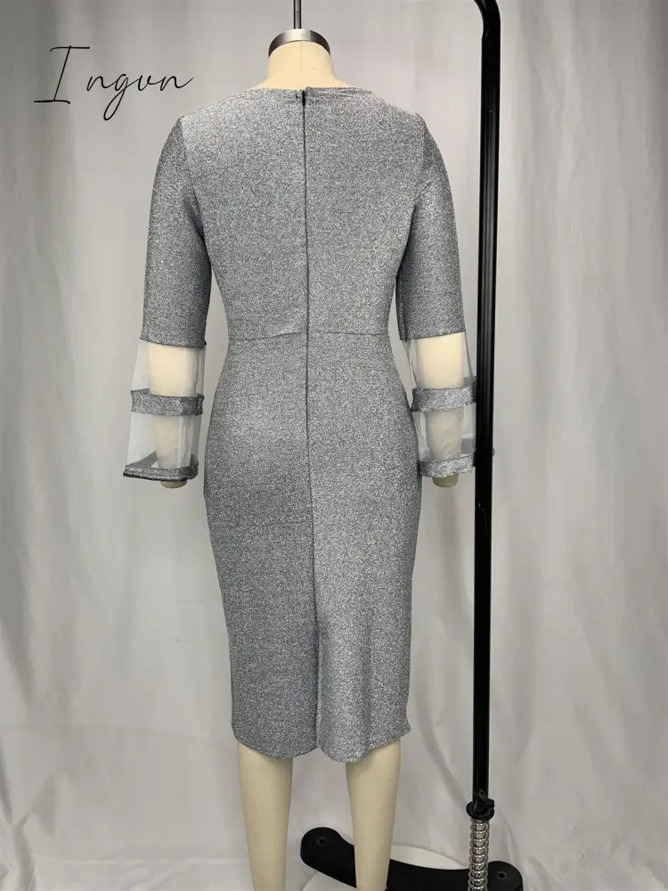 Ingvn - Plus Size Women Dresses Autumn Elegant Bright Silk Wedding Evening Birthday Party Dress V Neck Mesh Sleeve Club Outfits 8XL