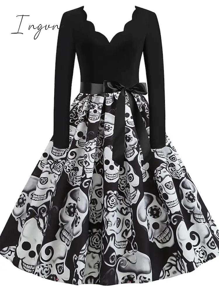 Ingvn - Women‘s Halloween Dress A Line Dress Knee Length Dress White Blue Orange Long Sleeve Print Pumpkin Ghost Patchwork Bow Print Fall Winter V Neck Hot Elegant Vintage Slim 2023 S M L XL XXL