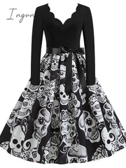 Ingvn - Women‘s Halloween Dress A Line Dress Knee Length Dress White Blue Orange Long Sleeve Print Pumpkin Ghost Patchwork Bow Print Fall Winter V Neck Hot Elegant Vintage Slim 2023 S M L XL XXL