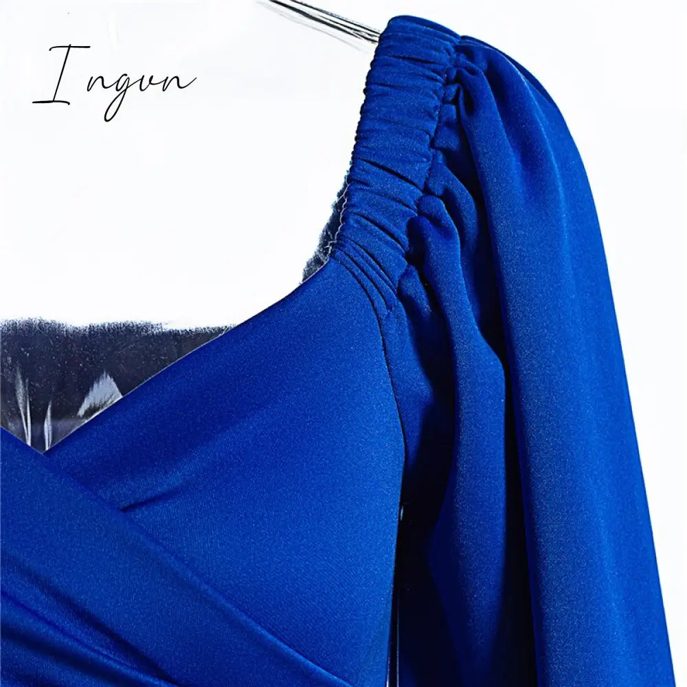 Ingvn - Midi Night Dress Women Long Puff Sleeve A-LINE Ruffled Backless Bodycon Sexy Dress Autumn Winter Elegant Office Lady Prom