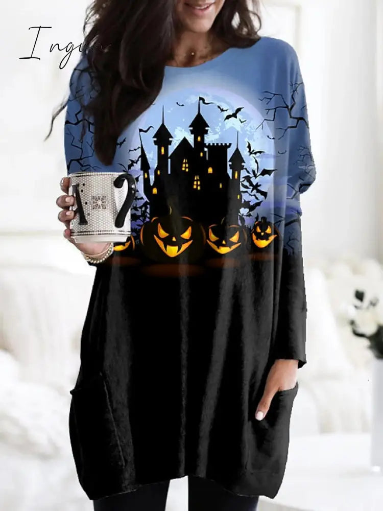 Ingvn - Women's Tunic Shirts Tunic Black White Wine Plaid Color Block Pocket Print Long Sleeve Halloween Weekend Round Neck Long Abstract Painting S