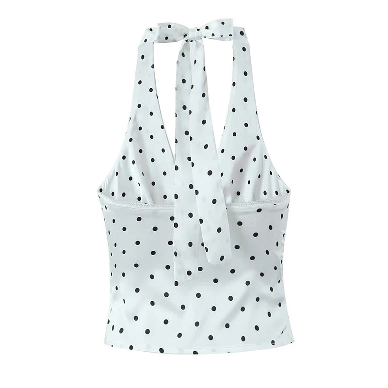 Women Vintage Polka Dot Halter Top Sexy Backless Fit Slim Holiday Summer Crop Top
