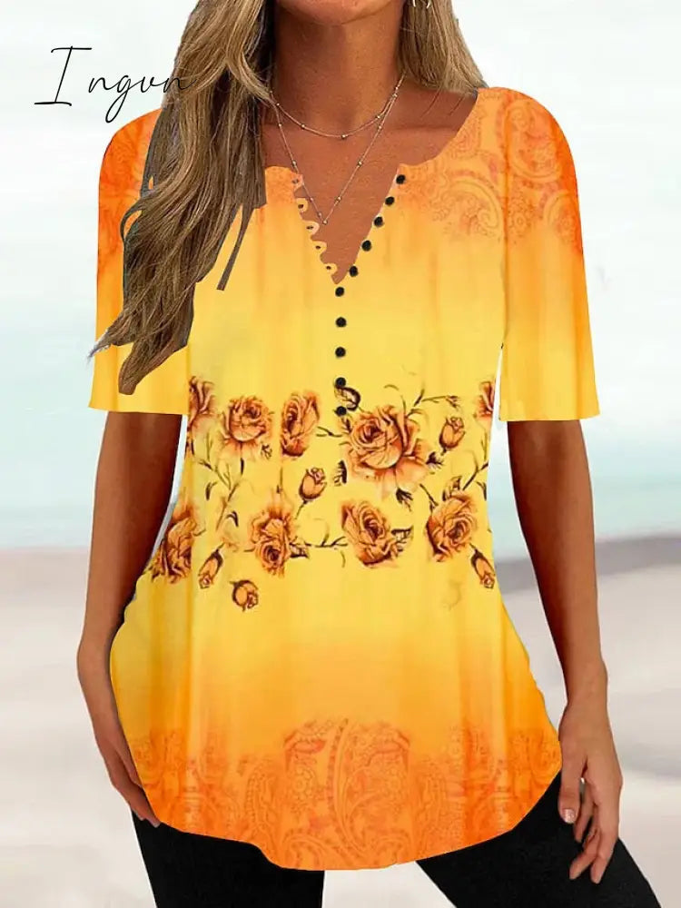 Ingvn - Women's T shirt Tee White Yellow Pink Floral Button Print Short Sleeve Holiday Weekend Tunic Basic Round Neck Regular Floral Painting