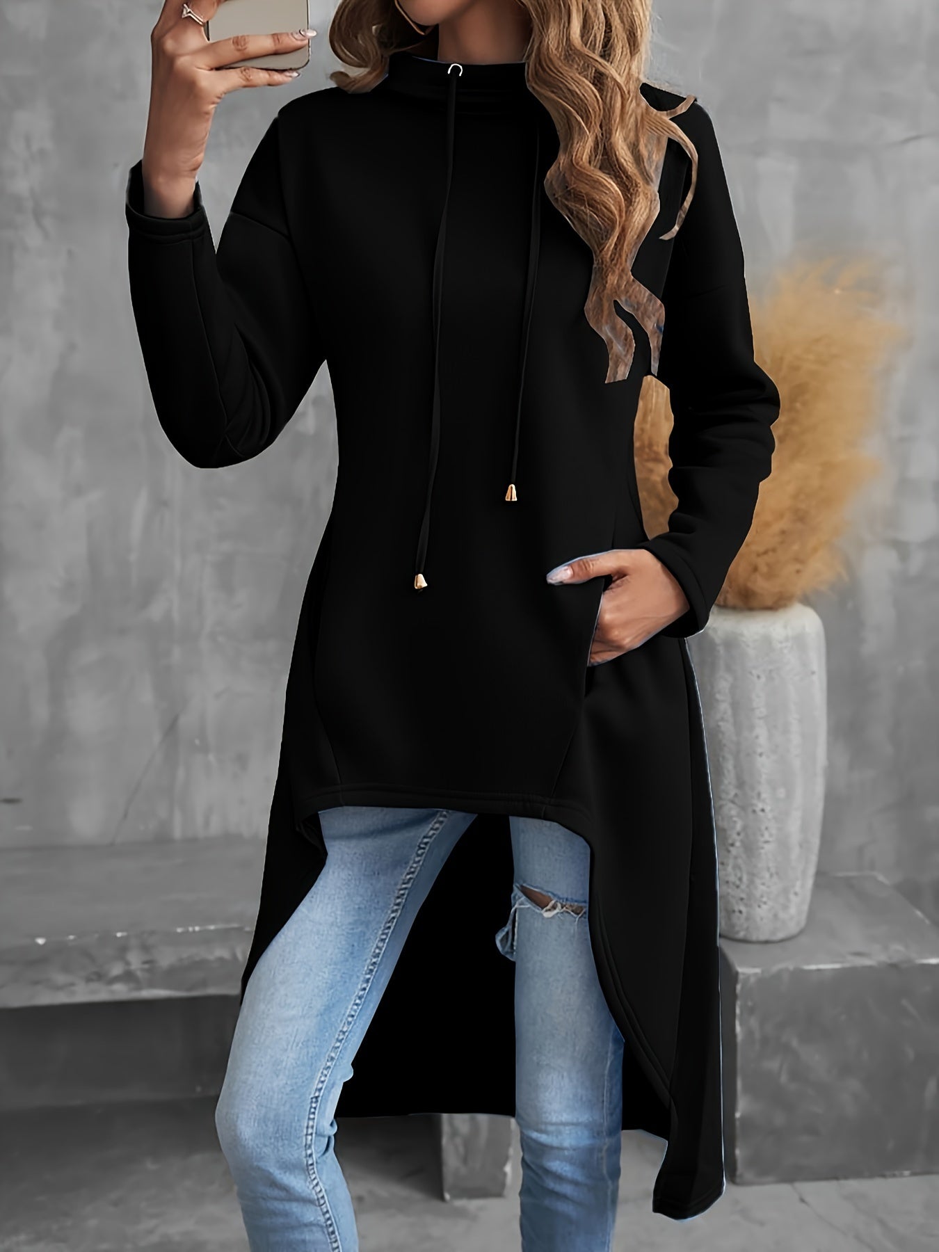 Solid Color Hig-low Hoodie, Casual Long Sleeve Drawstring Hoodie Sweatshirt, Women's Clothing