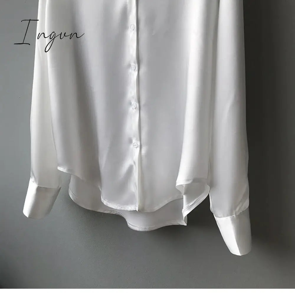 Ingvn - Silk Korean Office Ladies Elegant Shirt Blouse Women Fashion Button Up Satin Shirt Vintage White Long Sleeve Shirts Tops 11355