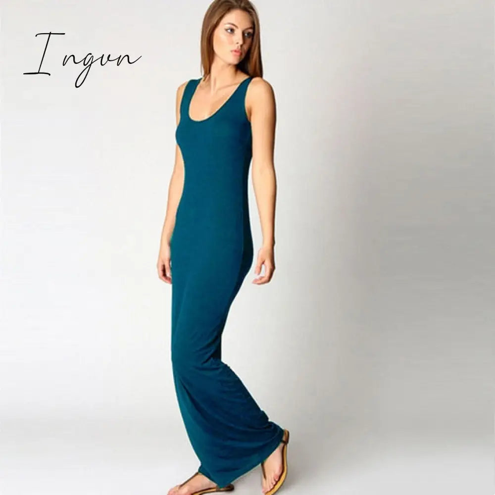 Ingvn - High Stretch Tank Robe Spring Summer Thin Long Dress Vestidos Elegant Women Sexy Dress O-neck Sleeveless Slim Maxi Dress