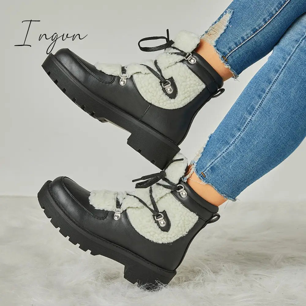 Ingvn - Women's Faux Shearling Stiching Lace Up Snow Boots