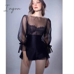 Ingvn - Black French Retro Top Women Summer Women Long Sleeve Mesh Shirt Sexy Slimming Blusas De Mujer Lace Sling Shorts Elegant Set