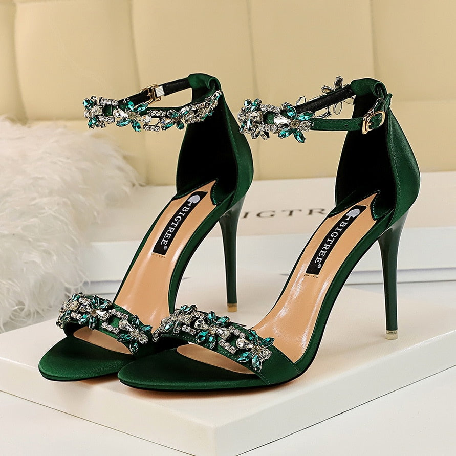 Women 9cm High Heels Crystal Sandals Wedding Bridal Stiletto Heels Sandles Glitter Prom Elegant Stripper Satin Strap Shoes
