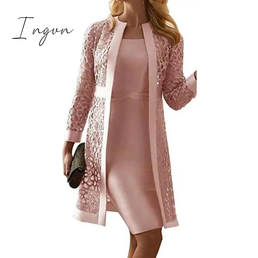 Ingvn - Spring Autumn Two Piece Dress Women Long Sleeve Knee Length Jacket Mother of The Bride Dresses Formal Party Evening Gown Dress Plus Size S-5XL