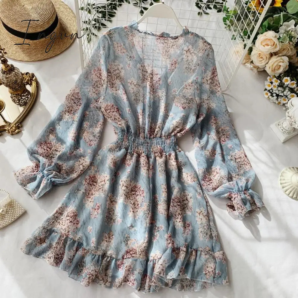 Ingvn - Mothers Day Gifts new fashion women's French dress female temperament V-neck long-sleeved chiffon floral dresses