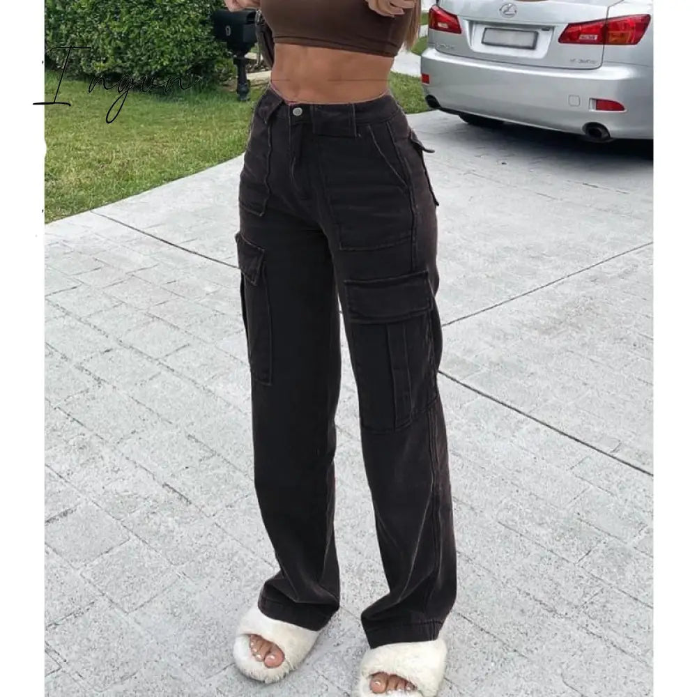 Ingvn - Brown Vintage Baggy Jeans Women 90s Streetwear