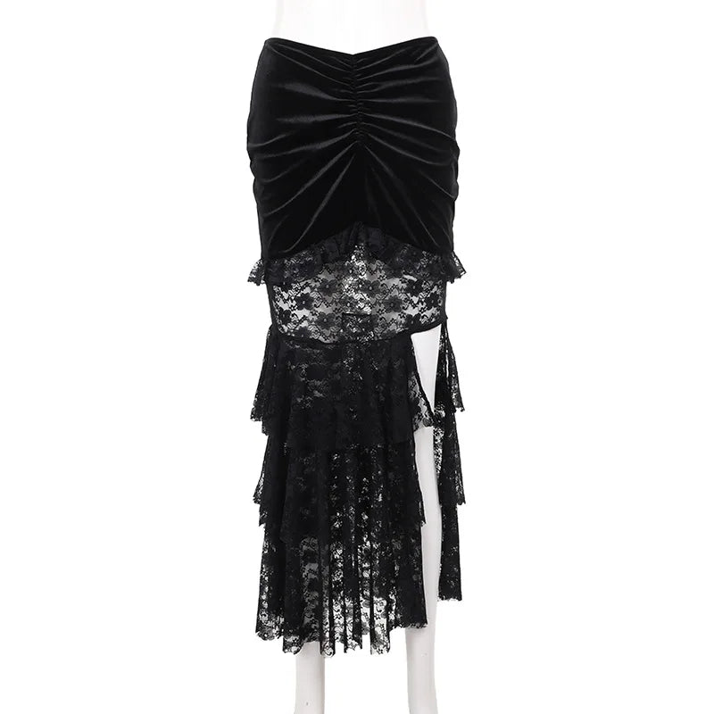 Gothic Folding Fishtail Multi-layer Splicing Split Skirt Woman Velvet High Waist Lace Patchwork Punk Mermaid Skirts