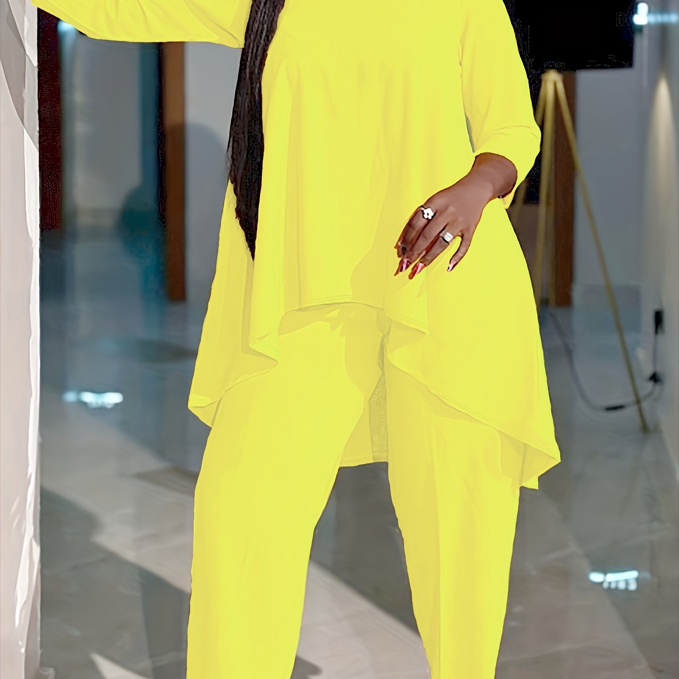 Plus Size Casual Outfits Two Piece Set, Women's Plus Solid Long Sleeve Round Neck Tunic Top & Pants Outfits 2 Piece Set