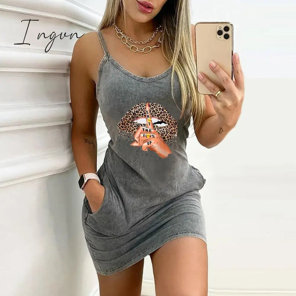 Ingvn - Sexy Sleeveless Letter Pattern Print Summer Dress Elegant Straps O Neck Backless Party Dress Women Casual Pocket Mini Dress 3XL