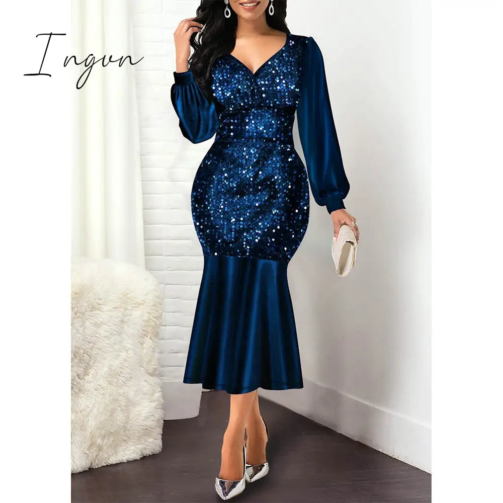 Ingvn - Women Dress Summer Elegant Sexy V Neck Sequine Evening Wedding Party Dress Plus Size High Waist Bodycon Mermaid Dresses 5XL