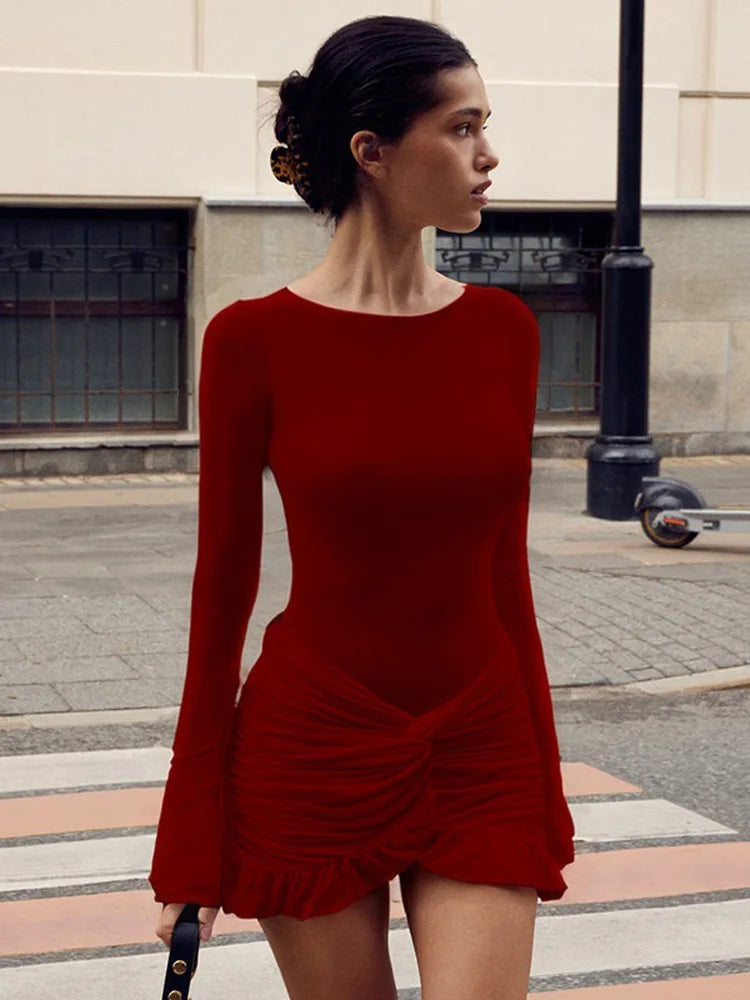 Ruffled Twist Skinny MIni Dress Women's Long Sleeve Patchwork High Waist Sexy Fashion Party Dress Female Y2k Bodycon Dress