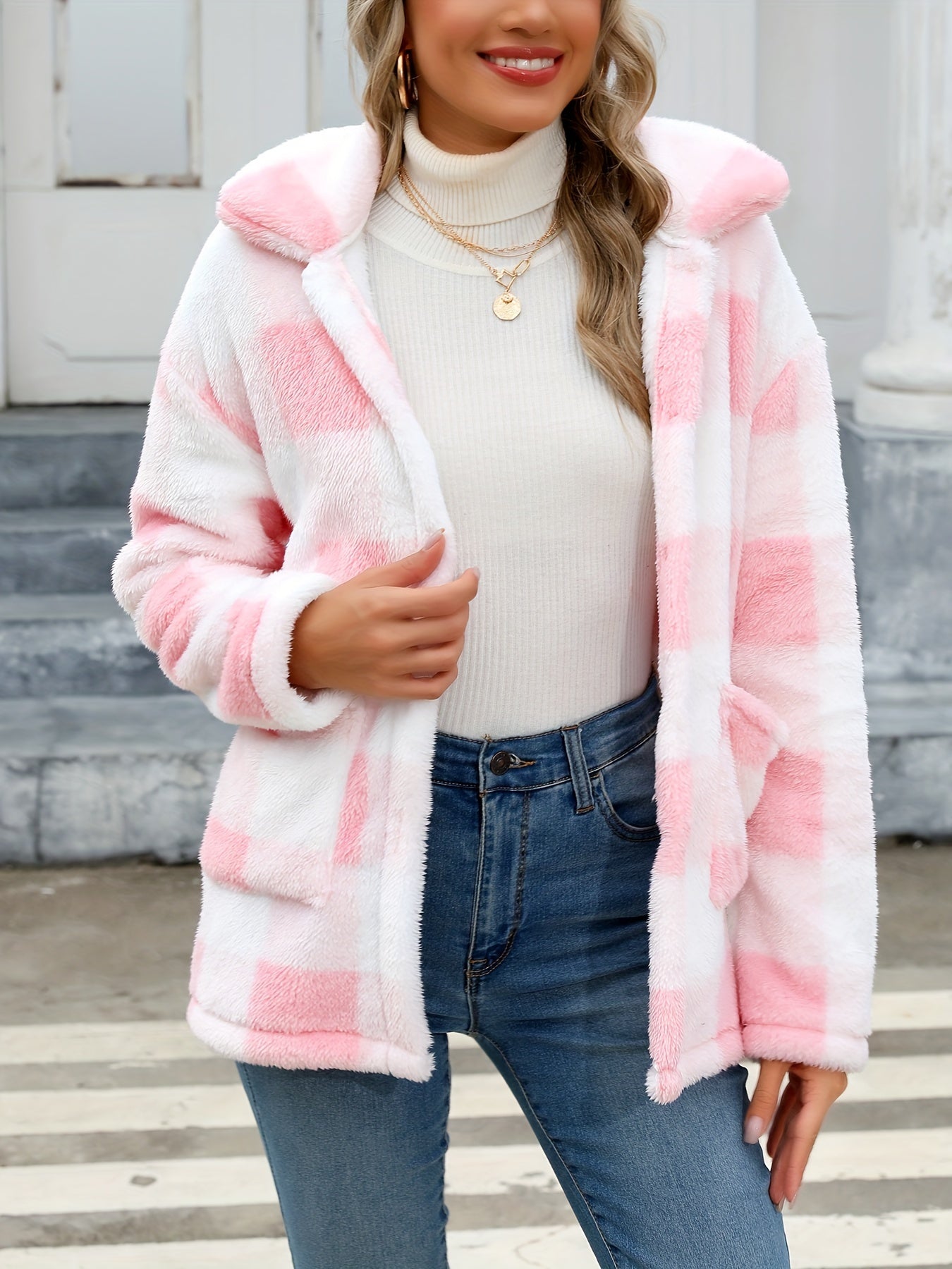 Plaid Print Patched Pockets Teddy Coat, Versatile Long Sleeve Single Breasted Winter Outwear, Women's Clothing