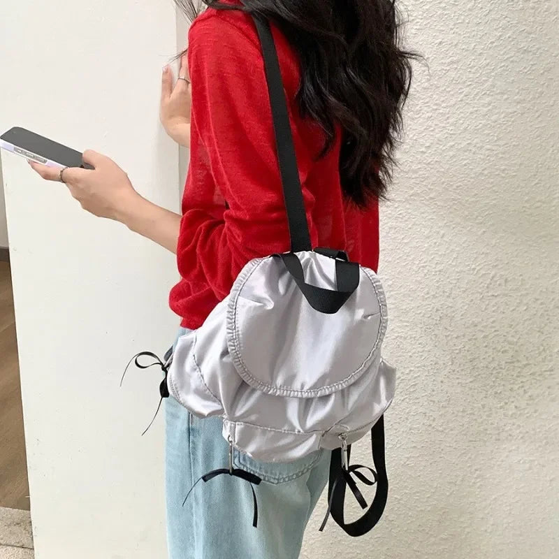 Ingvn  Nylon Pearly Light Quality Women's Backpack Casual Preppy Backpack Style Bow Elegant Travel Outdoor Double Shoulder Backpack