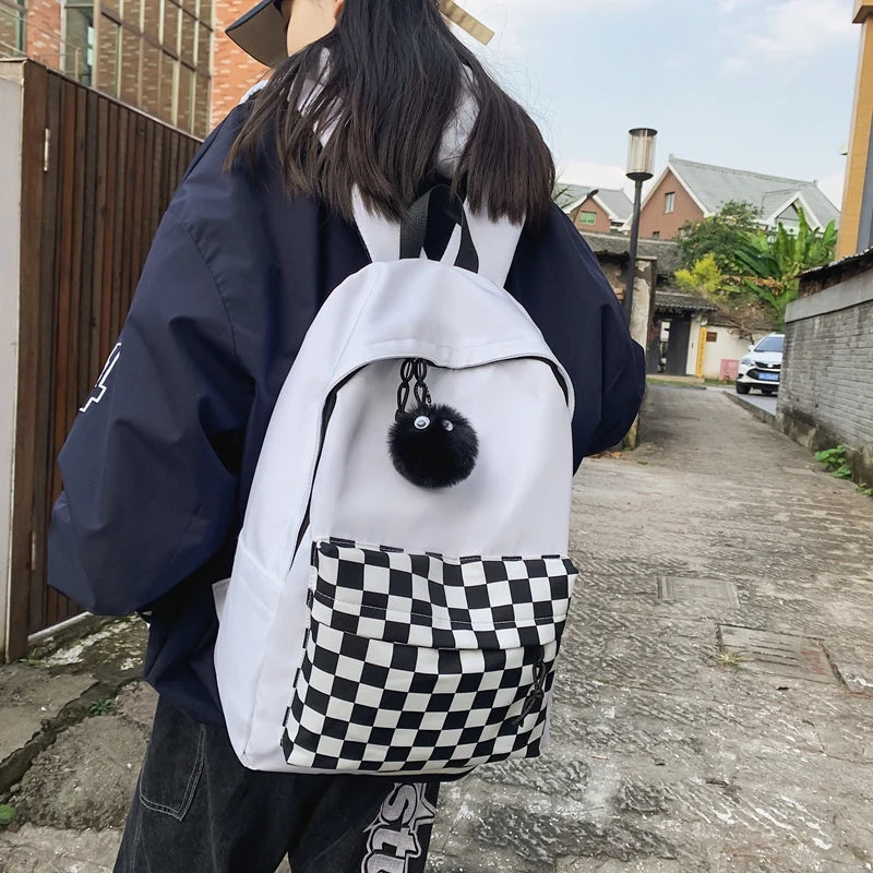 INGVN  Fashion Girls Plaid Backpack Waterproof Leisure Shoulder Bag Women Laptop Mochila Bookbag Travel Rucksack for Female