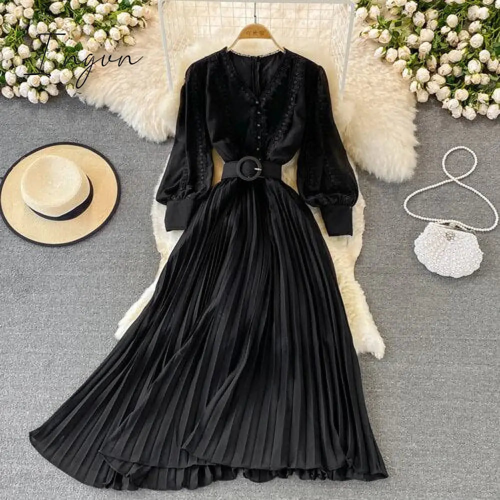 Ingvn - Red/Yellow/Black Embroidered Pleated Long Dress Vintage V-Neck Lantern Long Sleeve High Waist Draped Maxi Vestidos Female