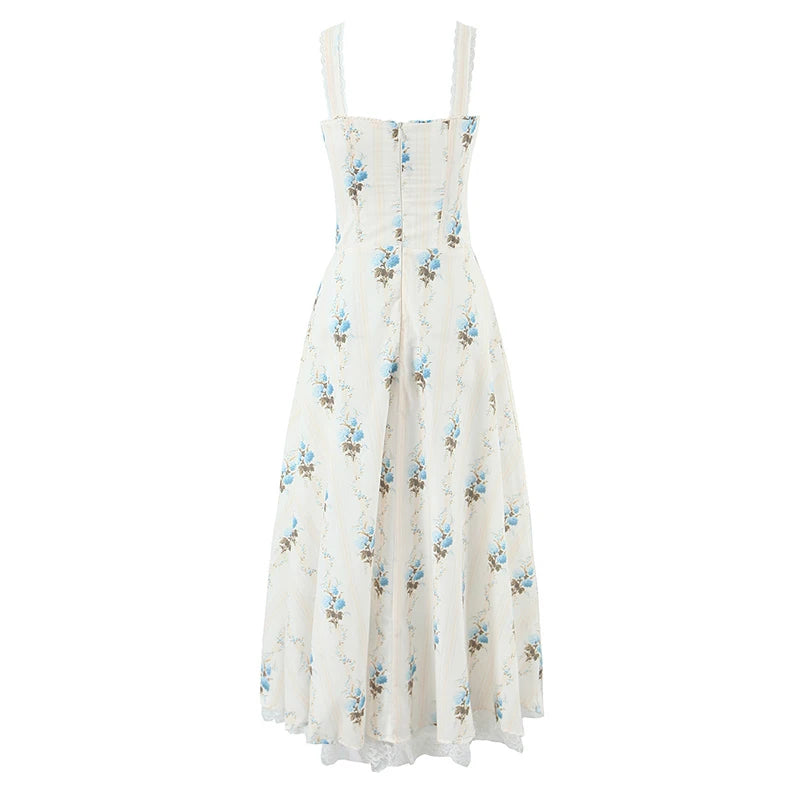 New Fashion Women Floral Print A-line Midi Elegant Party Dresses Sexy Wide Straps Lace Spliced Holiday Summer Dress
