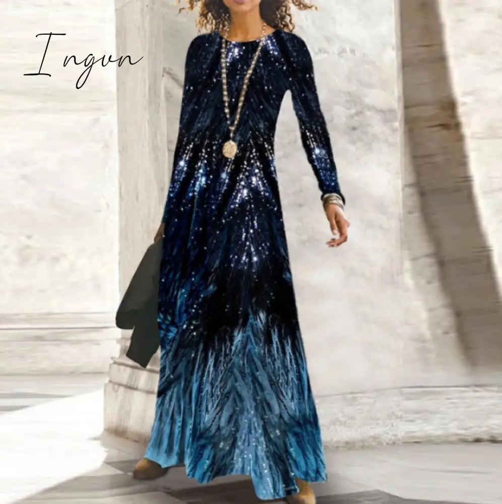 Ingvn - Fashion Shiny Long Office Lady Party Dress Women Vintage Round Neck Long Sleeve Maxi Dress Autumn Slim Boho Spring Dresses