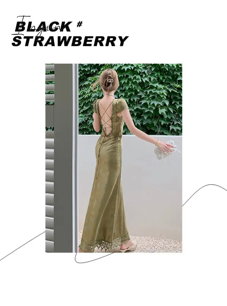 Ingvn - Elegant Women Green Satin Backless Mixi Dress Vintage Palace Bodycon Party Dresses Lace Bandage V-Neck Prom Robe Summer Vestidos