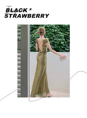 Ingvn - Elegant Women Green Satin Backless Mixi Dress Vintage Palace Bodycon Party Dresses Lace Bandage V-Neck Prom Robe Summer Vestidos