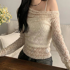 Transparent Lace Crop Top Asymmetrical Off-shoulder Long Sleeve Smock T-shirts Women Summer Casual Tees y2k Vintage Tees