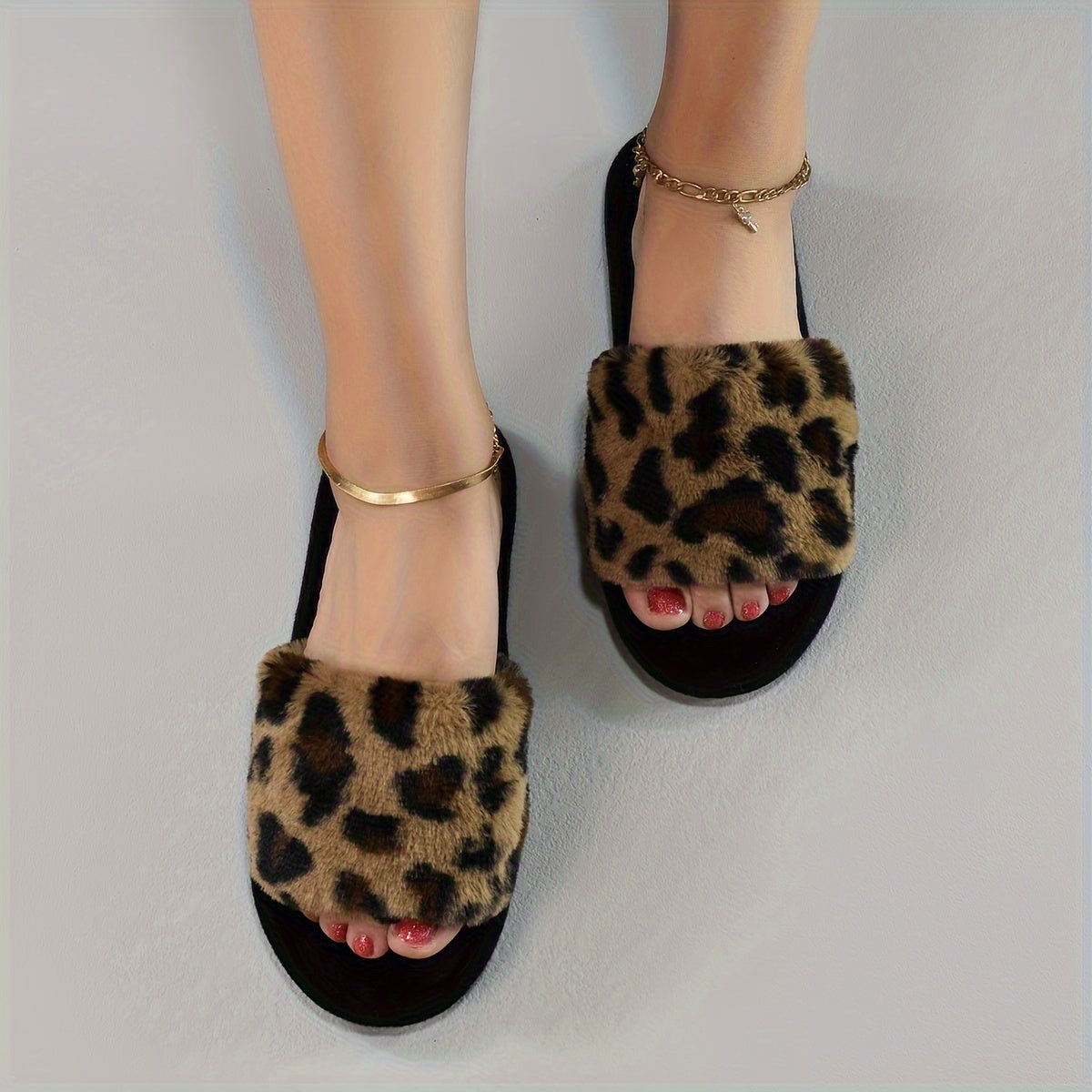 Cozy Leopard Print Plush Slippers for Women - Soft, Warm, Open-Toe, Slip-On Shoes with Fuzzy Fabric Upper and EVA Sole for Indoor Use - All-Season Comfortable Footwear for Relaxation