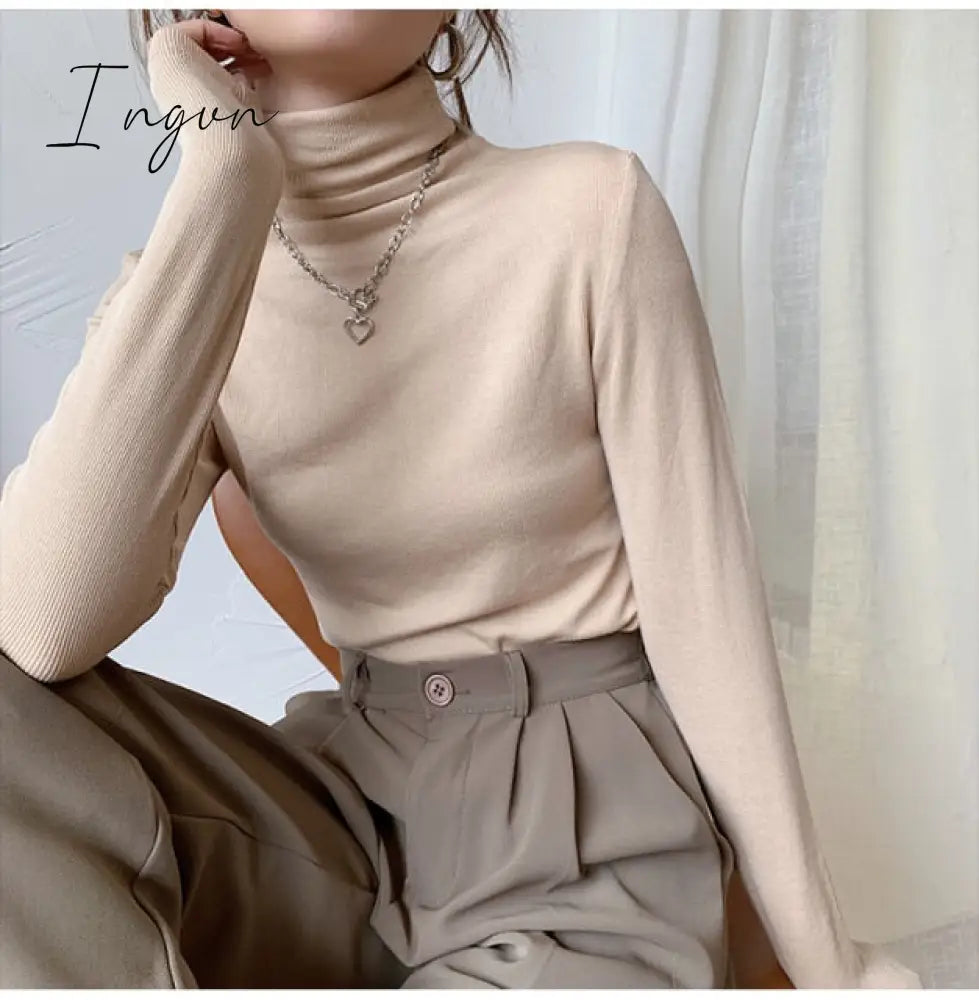 Ingvn - Autumn Women Pullover Tops Female Knitted Sweaters Solid Concise Turtleneck Elasticity Elegant Office Lady Casual All Match