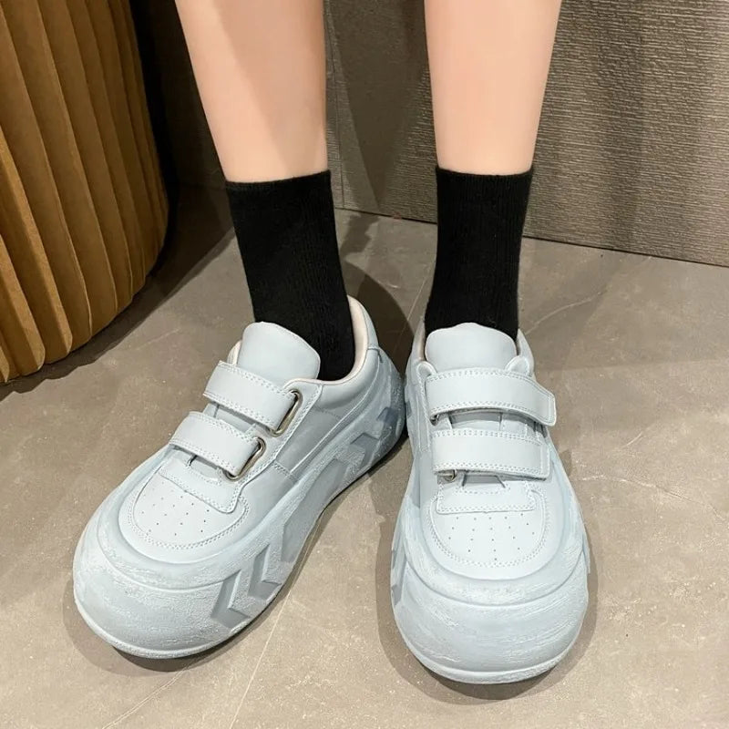Ingvn  New Women's Vulcanized  Casual Sports Shoes Thick Sole Velcro Solid Color Women Shoes Flat Bottom Round Toe Low Top Shoes