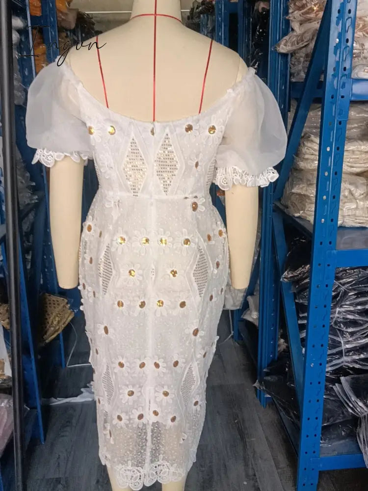 Ingvn - White Applique Lace Dress Chic Women Daisy Flower Off Shoulder Puff Sleeve Midi Dress Summer Party Birthday Wedding Guest Gown