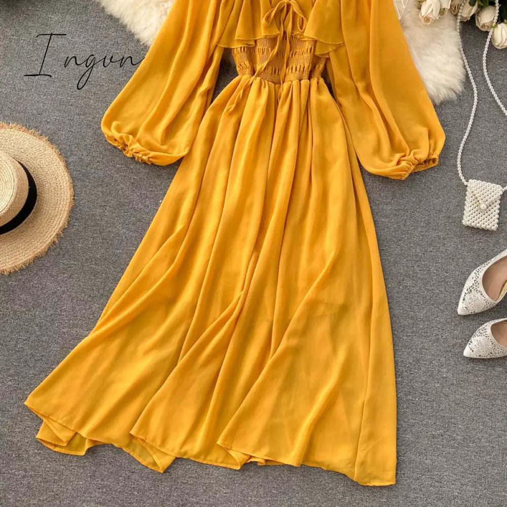 Ingvn - Woherb Chic Elegant Square Collar Maxi Dress Women Solid Chiffon Puff Sleeve Dresses Korean Fashion Vintage Ruffle Vestidos