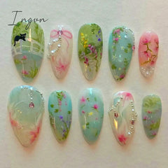 24pcs Long Almond Y2k Nails Press On Nails Pastoral Style False Nails With Designs Wearable Colorful Flowers Fake Nails Finished