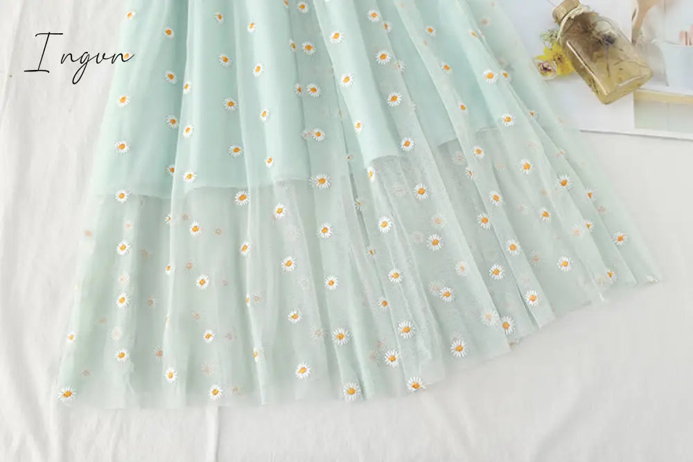 Ingvn - small daisies embroidery mesh dresses women sexy off the shoulder french vintage party ruffle dresses elegant vestidos