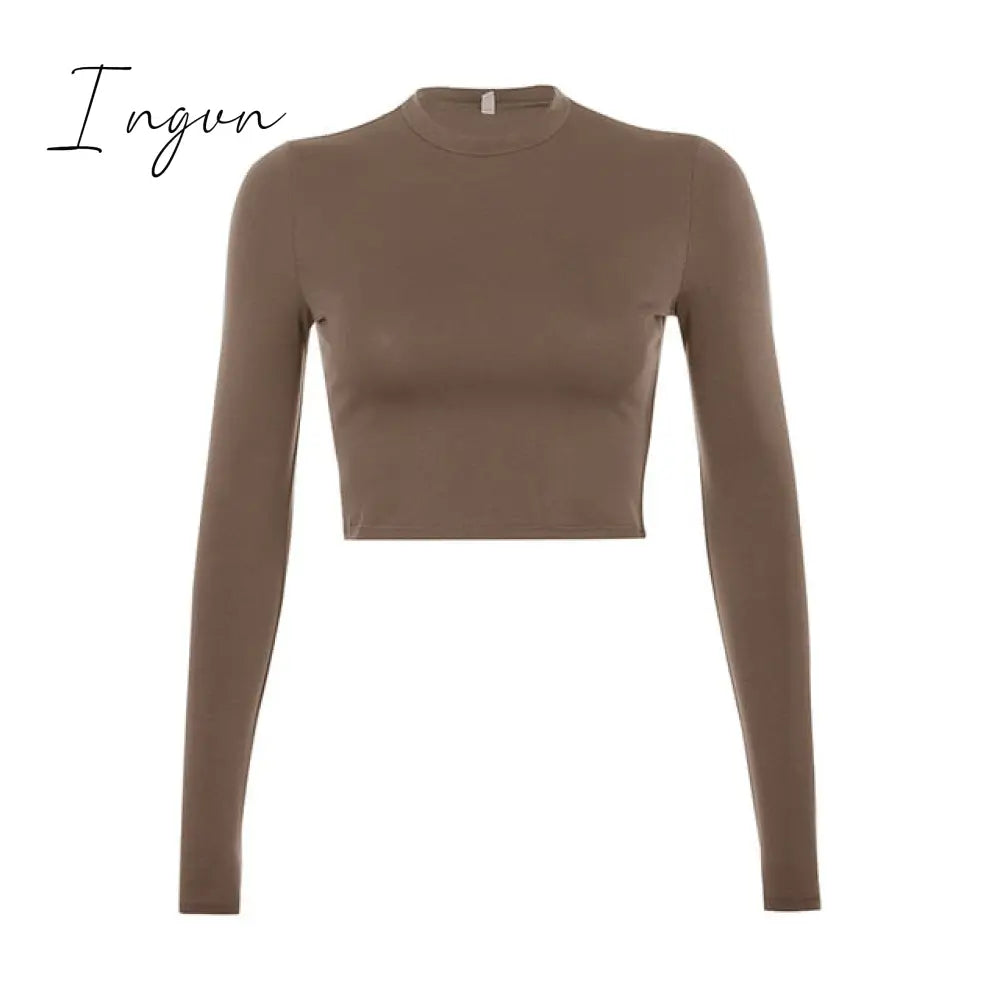 Ingvn - Solid Basic Long Sleeve Womens Tshirt Casual Black White Fashion Crop Top T Shirt Ladies Fashion Korean Tee Shirt