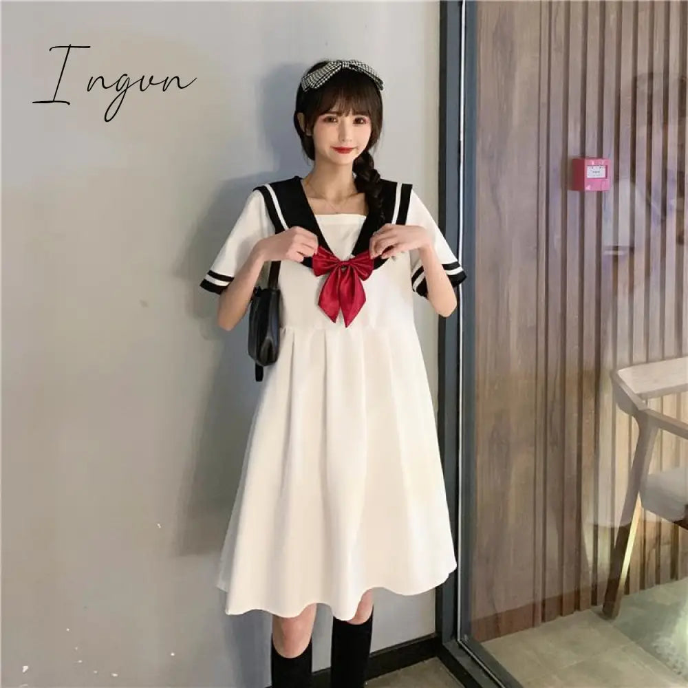 Ingvn - Harajuku Sailor Collar Navy Dress Japanese Lolita Sweet Bow-knot Girl Retro Cotton Kawaii Preppy Style Short Sleeve Dress Women