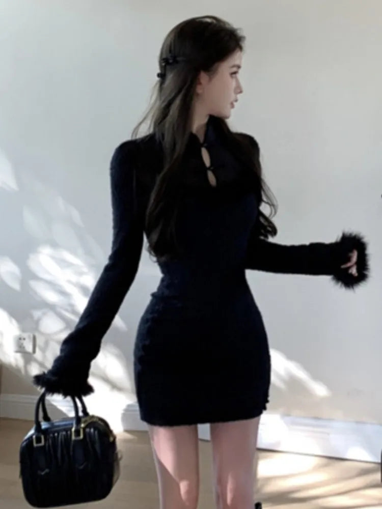 Vintage Mini Dress for Women Chinese Style Long Sleeves Bodycon Evening Party Dresses Autumn Female Slim Waist Vestidos Mujer