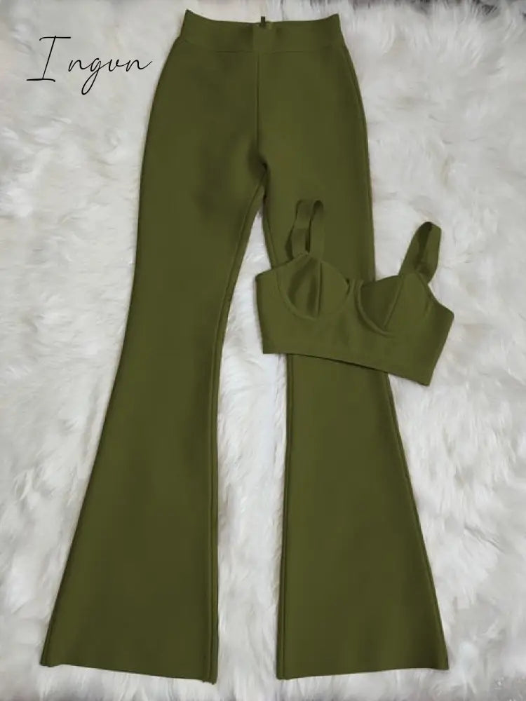 Ingvn - Set 2 Pieces Strap Sleeveless Bustiers And Long Bell-Bottoms Trousers Sexy Celebrity Party Sheath Vestidos  Dobanmbd