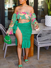 Summer Beach Style Two Piece Set Women Fashion Sexy Printed Off The Shoulder Tube Top Fold Lace-up Slit Skirt 2 Piece Suit Women