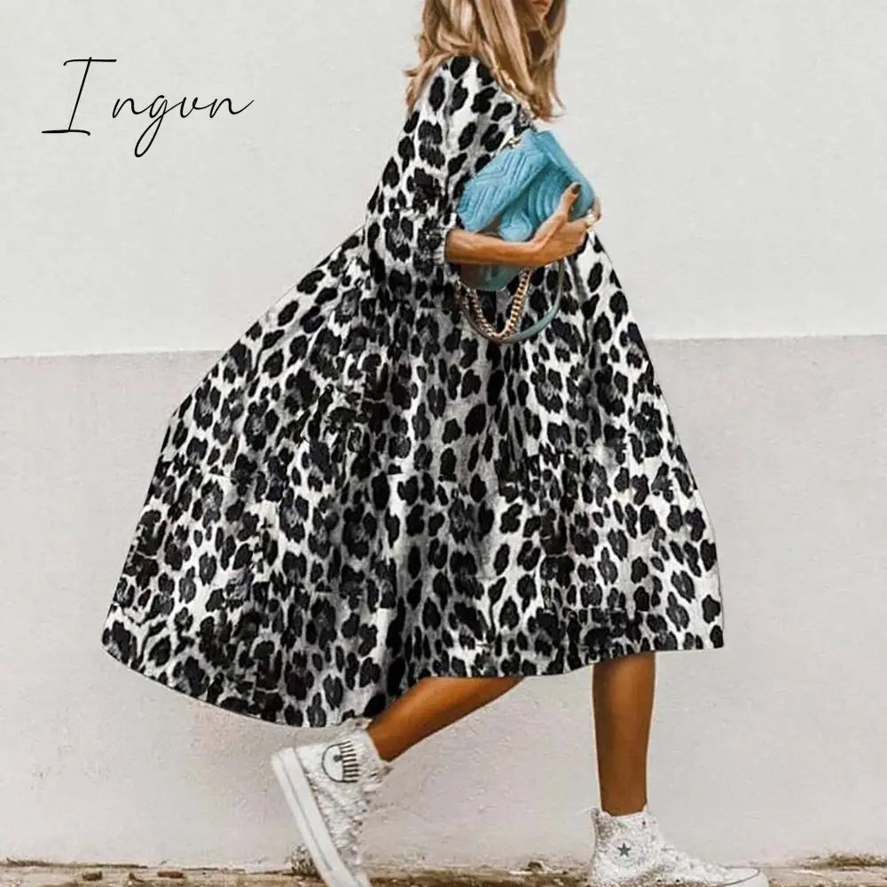 Ingvn - Autumn women's Middle Sleeve Casual Style Polyester New Round Neck Middle Waist Pullover Large Swing Printed A-line Dress