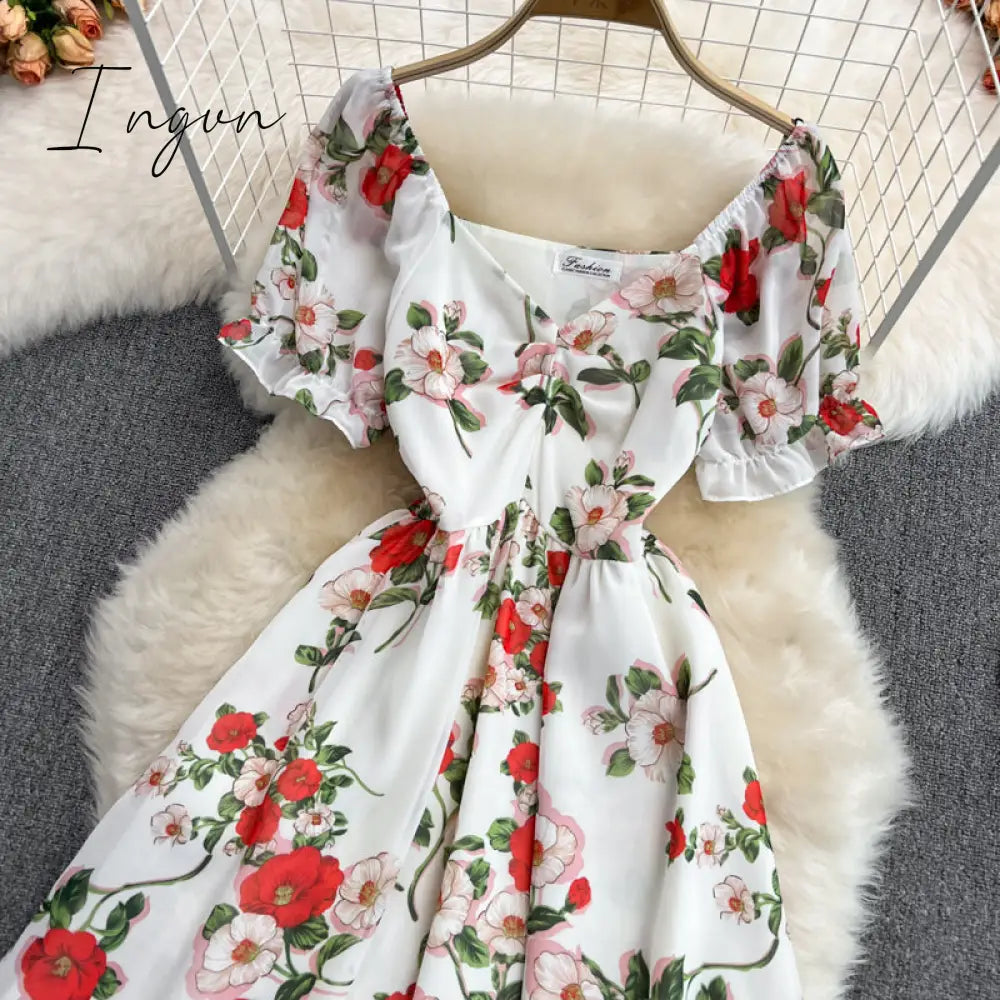 Ingvn - Summer Outfits Ladies French Retro V-neck Floral Women Dress Elegant Draped Flowers Short Puff Sleeves Slim Fairy Mid-calf A-line Dress