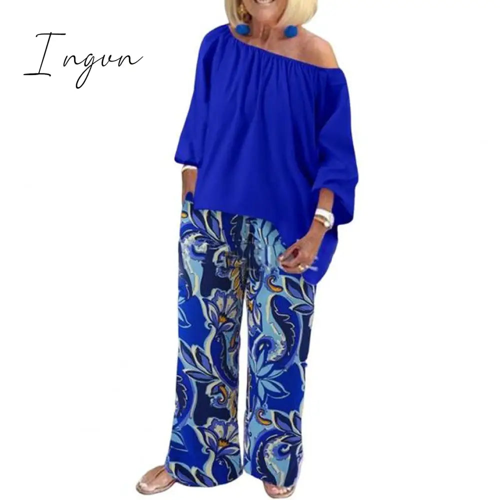 Ingvn - Pants Sets Fashion One Shoulder 3/4 Sleeve Tops Floral Print Wide Leg Trouser Women Two Piece Sets Casual Loose Suit